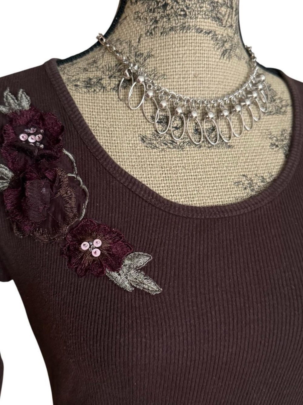 Y2K Nevada Brown & Olive Floral Appliqué Long Sleeve Top Size M - Picture 2 of 5